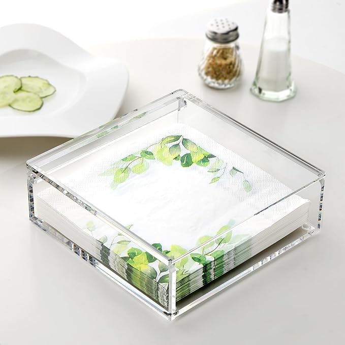 DINGHUO Flat Acrylic Napkin Holder for Table, Open Side Design Napkin Dispenser with Weighted Arm, Square Paper Holder for Restaurant, Kitchen, Bathroom, Countertop, Dinner