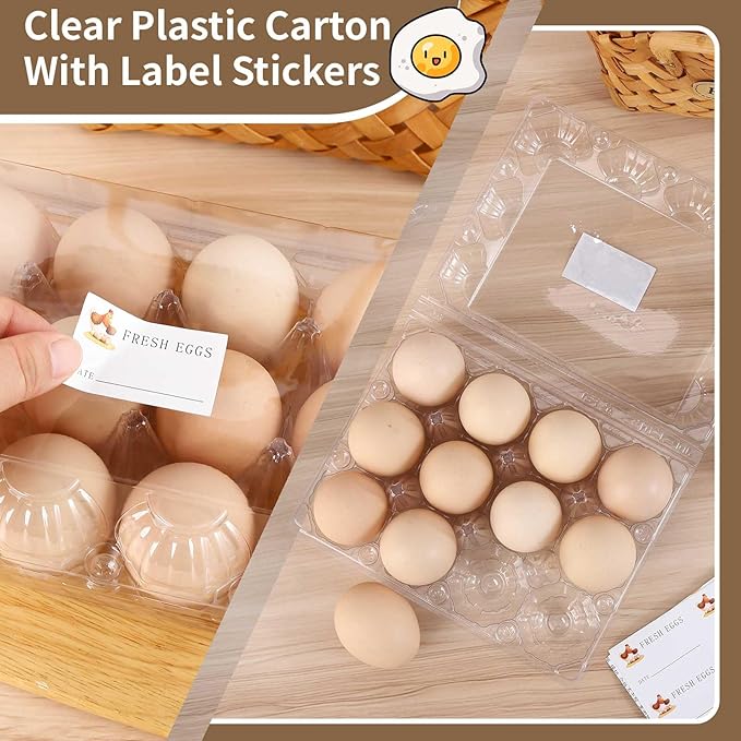 Egg Cartons 80 Pack,Clear Plastic Egg Cartons Cheap Bulk 12 Count For Fresh Chicken Eggs,4x3 Grids Reusable Egg Tray Holder For Refrigerator Storage, Family, Chicken Farm With Label Stickers