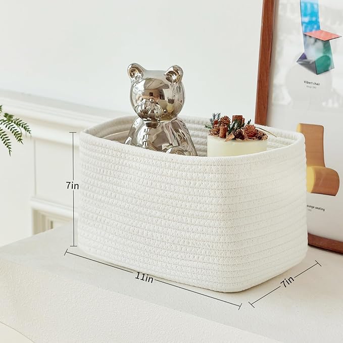 R RUNKA Small Cotton Rope Basket – Storage Bin for Organizing (10.6" x 6.7" x 6.7"), Bathroom Storage Basket for Shelf, Counter & Closet（White）