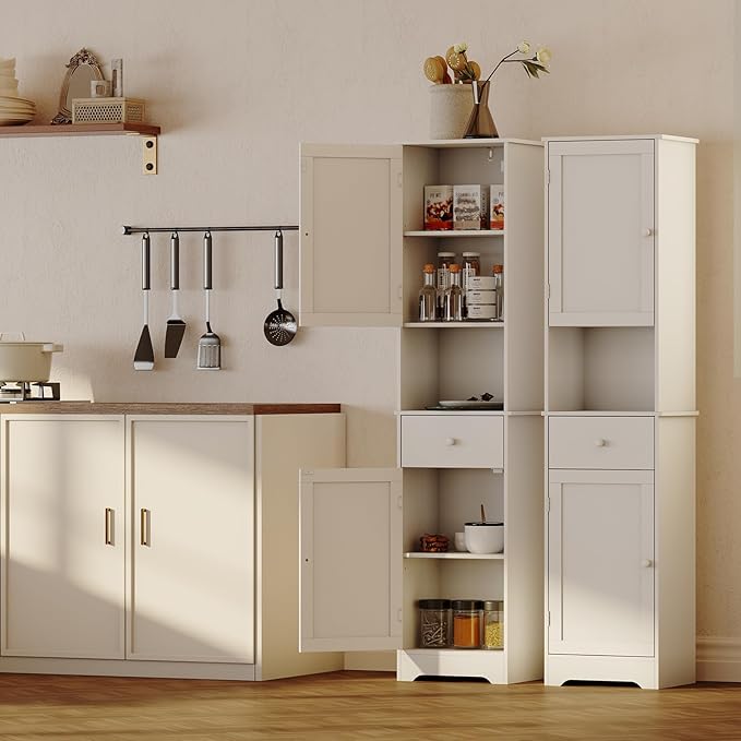 Viaozutis Tall Bathroom Cabinet, Storage Cabinet with 2 Doors & 2Drawer, with Ajustable Shelve, for Bathrooms, Kitchens,Entrances,Bedrooms（White）