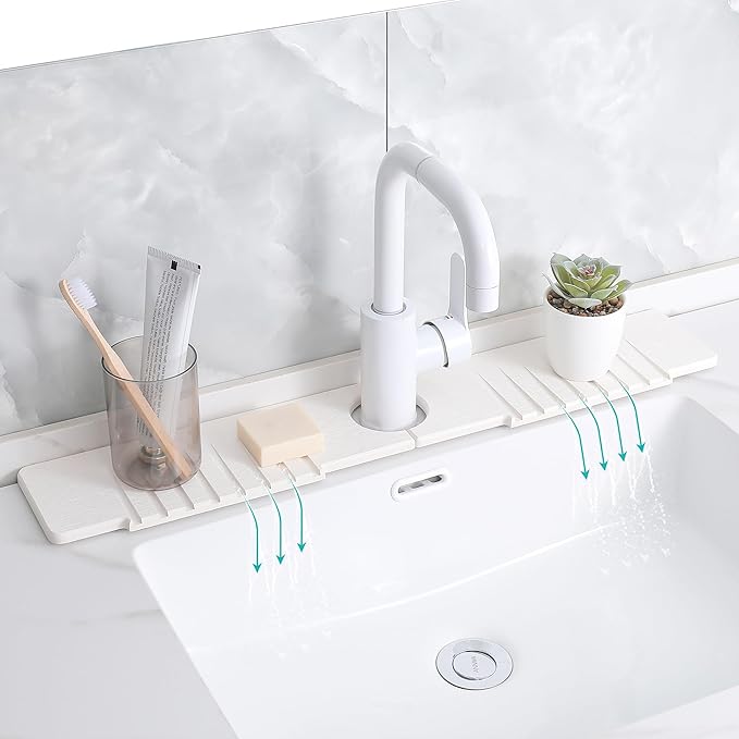 Stone Faucet Mat for Kitchen Sink,Stone Sink Mat for Kitchen Faucet – Fast Drying Diatomite Mat Splash Guard with Drain Grooves,Quick Dry Drip Catcher for Bathroom & Kitchen(15.75×3.94in)