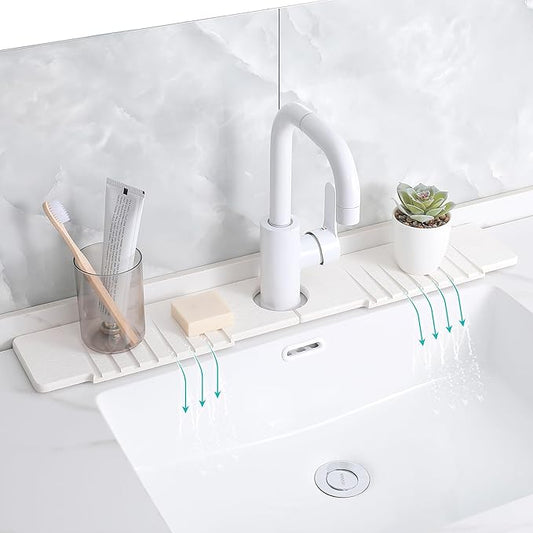 Stone Faucet Mat for Kitchen Sink,Stone Sink Mat for Kitchen Faucet – Fast Drying Diatomite Mat Splash Guard with Drain Grooves,Quick Dry Drip Catcher for Bathroom & Kitchen(15.75×3.94in)