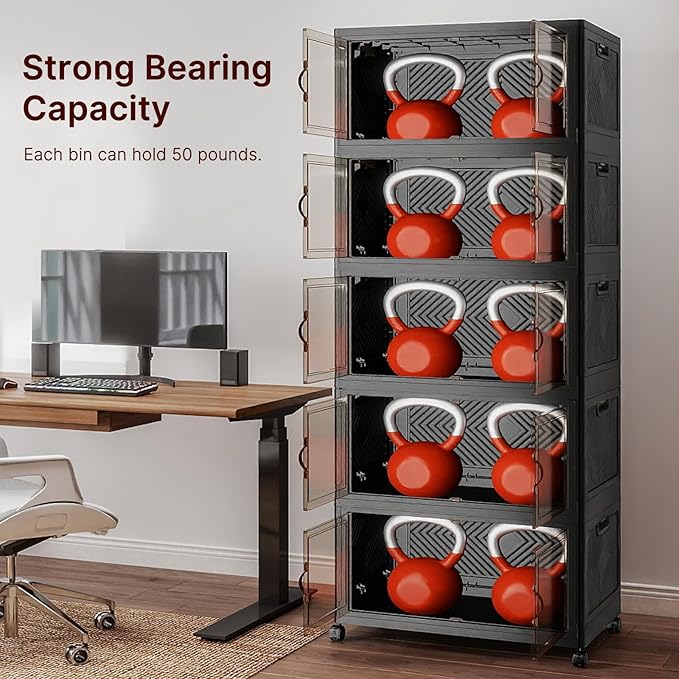 Extra Large Stackable Storage Bins with Lids & Wheels & Door,Foldable Collapsible Closet Organizers, Plastic containers drawers for bedroom Dorm (Dark-112QT, 5Pack with 1 top lid)