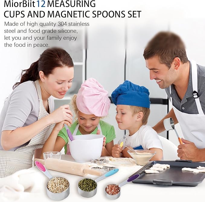 MiorBiit 12 PCS Measuring Cups and Spoons Set Stainless Steel, 5 Measuring Cups with Colorful Silicone Handle and 6 Double-Sided Magnetic Measuring Spoons & 1 Leveler for Cooking and Baking (5+6+1)