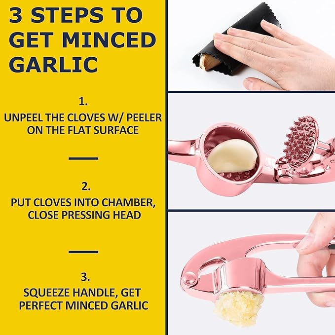 Premium Garlic Press Stainless Steel - Elevate Your Culinary Experience with Our Premium Garlic Mincer, Crusher & Peeler Set, Dishwasher Safe & Rust-proof (Rose Gold)