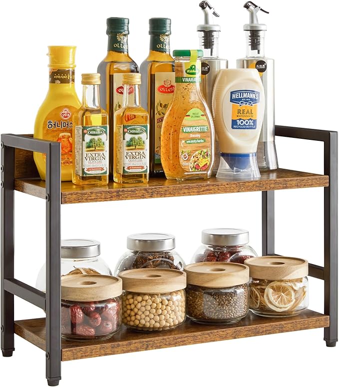 IBUYKE 2-Tier Spice Rack Industrial Counter Shelf Desktop Storage Organizer Standing Seasoning Rack for Countertop Kitchen Office Living Room Desktop Rustic Brown UTLJ002H