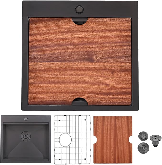 21x20 Inch Black Kitchen Sink, Drop In Bar Sink Black, Stainless Steel Square Small Topmount Workstation Sinks, Single Bowl Kitchen Sinks for Laundry Office Wet Bar Prep RV Outdoor Yard