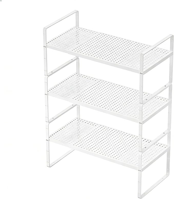 KIKIBRO Expandable Kitchen Shelf Organizers, Kitchen Cabinet Organizer Stand Rack Organization for Countertop Cupborad Pantry, White 3 Pack