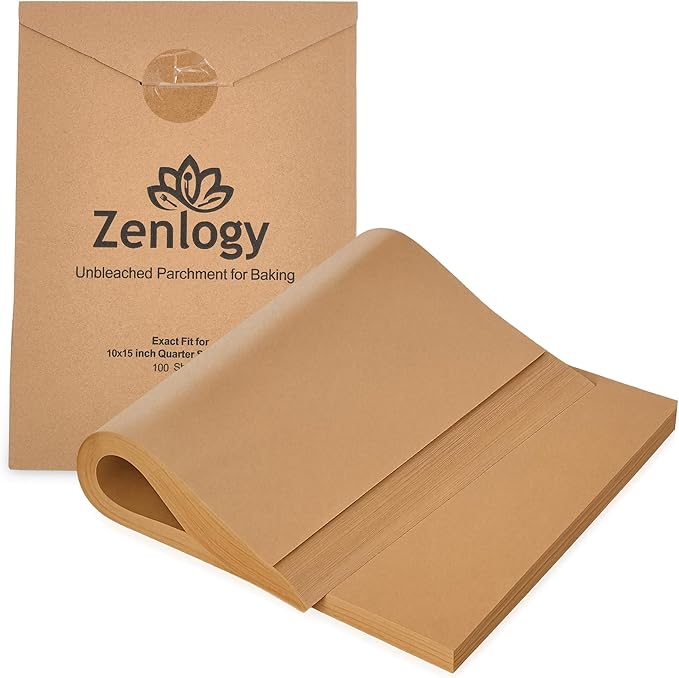 Zenlogy 10x15 Parchment Paper (100 Sheets) - Unbleached, High Heat, Non-stick, Pre-cut Baking Paper for Jelly Roll Pans - Great for Baking, Roasting, Wrapping, Dehydrator, and so much more