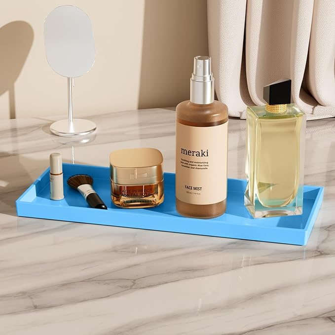 Mriluvy Vanity and Bathroom Tray, 15" ABS Countertop Organizer,Waterproof Vanity Tray for Toilet Tank,Perfume,Soap,Keys,Bathroom Accessories,Kitchen and Bath Trays,Non Slip Small Trays,Blue,2 Pack