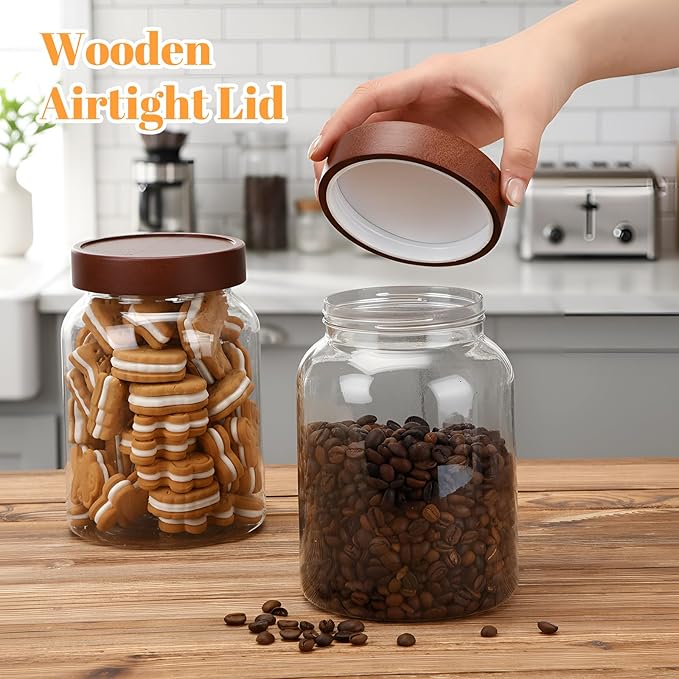 LemonRoad 4 Pcs 40 FL OZ (1200ml) Plastic Storage Jars with Airtight Wooden Lid Large Clear Food Storage Container Canister for Sugar, Tea, Spices, Coffee, Bean, Candy, Cookies, Kitchen