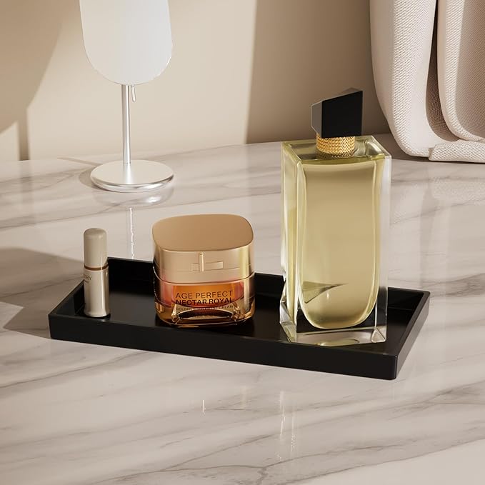 Mriluvy Vanity and Bathroom Tray, 9.8" ABS Countertop Organizer,Waterproof Vanity Tray for Toilet Tank,Perfume,Soap,Keys,Bathroom Accessories,Kitchen and Bath Trays,Non Slip Small Trays,Black,2 Pack