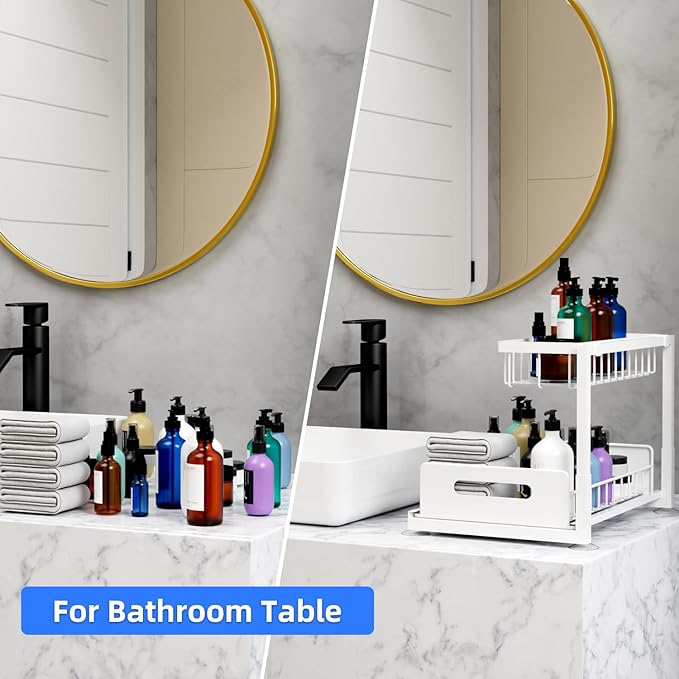 Lxmons 2-Tier Under Sink Slide Out Organizer, Pull Out Cabinet Storage Shelf with Sliding Wire Basket Drawer for Bathroom Kitchen, Countertop or Pantry Shelf, White