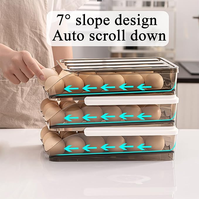 Egg Holder for Refrigerator Auto Scrolling Organizer Plastic Stackable Storage Container Reusable Clear Tray Box Basket Bin Lid Drawer Carrier Keeper(2 Layer)