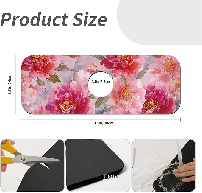 Kitchen Sink Splash Guard，vibrant watercolor peonies Faucet Mat Sink Gadgets-Super Absorbent Fast Drying Mat Drip Catcher for Kitchen, Bathroom,Sink Mat, Dish Drying Mat, Bathroom(15" X 5.5" )
