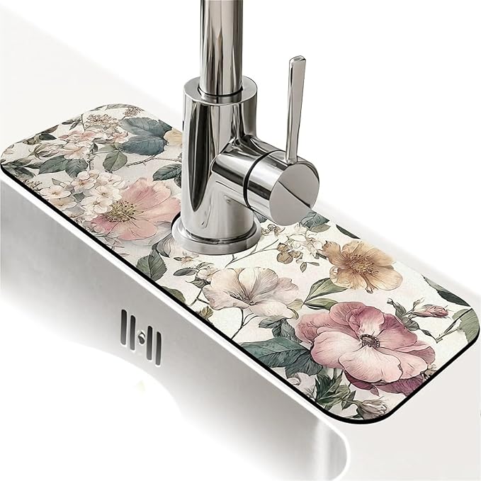 Kitchen Sink Splash Guard，Vintage botanical Faucet Mat Sink Gadgets-Super Absorbent Fast Drying Mat Drip Catcher for Kitchen, Bathroom,Sink Mat, Dish Drying Mat, Bathroom(15" X 5.5" )