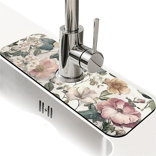 Kitchen Sink Splash Guard，Vintage botanical Faucet Mat Sink Gadgets-Super Absorbent Fast Drying Mat Drip Catcher for Kitchen, Bathroom,Sink Mat, Dish Drying Mat, Bathroom(15" X 5.5" )