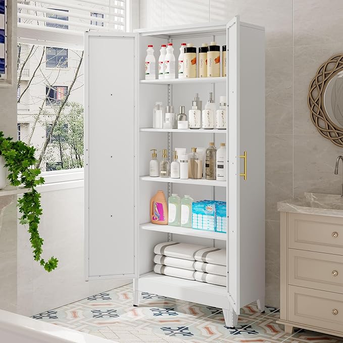 71" Tall Kitchen Pantry Cabinet, Metal Storage Cabinet with 2 Doors and 4 Adjustable Shelves, White Food Pantry Cupboard for Kitchen, Dining Room, Living Room and Bathroom (White)