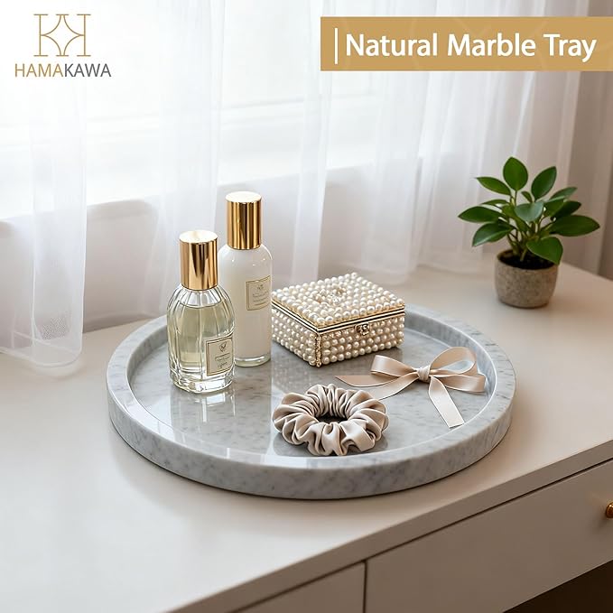 HAMAKAWA Natural Marble Bathroom Vanity Tray, Large Round Sink Tray 9.5 inch, Carrara White Limestone Dresser Tray, Modern Countertop Organizer for Soap Dispenser, Kitchen Counter, Home Decor