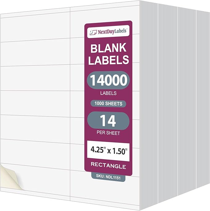 NextDayLabels 4.25x1.5 Inch Rectangle Stickers White Blank Labels for Laser Inkjet Printer - 14 Per Sheet Self-Adhesive Unique Size Label Made in USA - 14,000 Labels