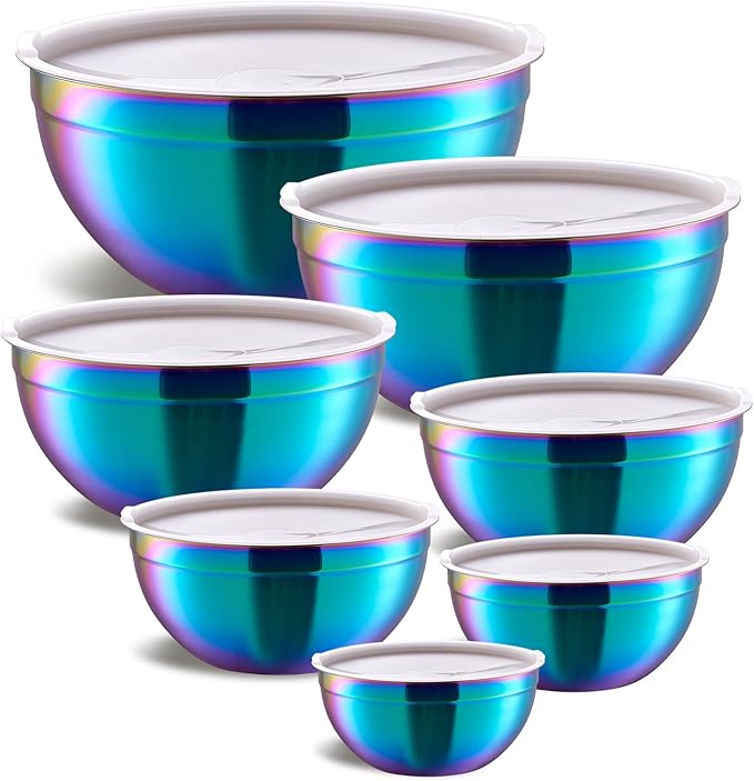 Moxinox Colorful Mixing Bowls with Airtight Lids, Stainless Steel Nesting Mixing Bowls Set of 7, Ideal for Baking, Prepping and Serving Food, Size 7, 3.6, 2.7, 2.1, 1.5, 1.1,0.8 QT, Stackable Design