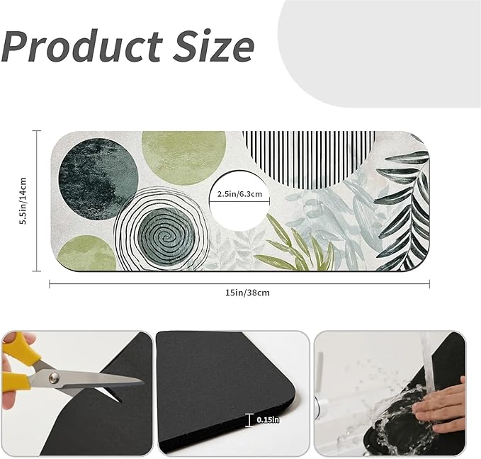 Kitchen Sink Splash Guard，Bohemian Art Plants Faucet Mat Sink Gadgets-Super Absorbent Fast Drying Mat Drip Catcher for Kitchen, Bathroom,Sink Mat, Dish Drying Mat, Bathroom(15" X 5.5" )
