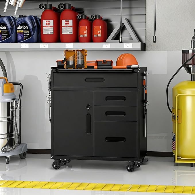 Metal Garage Storage Cabinet with Wheels, Rolling Tool Cabinet with 4 Drawers and 1 Door, Heavy Duty Tool Cabinet with Workbench, Assembly Required, Black