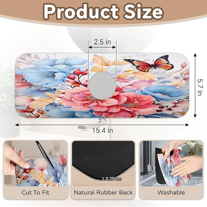 Pastel Flower Fusion Kitchen Faucet Mat Splash Guard, 15.4”x5.7” Absorbent Quick Drying Sink Mat for Countertop Protection, Draining Mat Sink Protectors For Kitchen Bathroom, 1 Pack