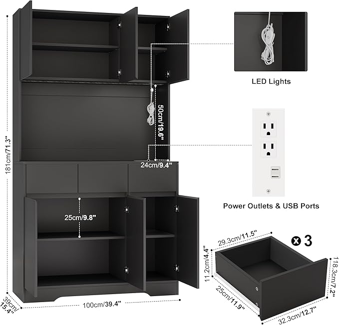 NBYSGO Tall Pantry Cabinet with LED Lights & Charging Station, Modern Kitchen Hutch with Microwave Stand, Storage Drawers & Shelves for Dining Room or Living Room – Black