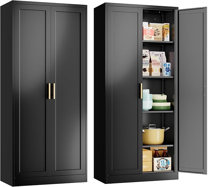 Metal Kitchen Pantry Cabinet, 71"Tall Cabinet with 2 Doors and 4 Adjustable Shelves, Pantry Cabinets for Kitchen Storage, Metal Storage Cabinet for Kitchen, Dining Room, Living Room and Bathroom-Black