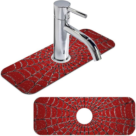 1 PC 15.4*5.7 Inch Absorbent Faucet Mat for Kitchen Sink Splash Guard Fast Drying Kitchen Faucet Mat for Bathroom Kitchen Spider Web