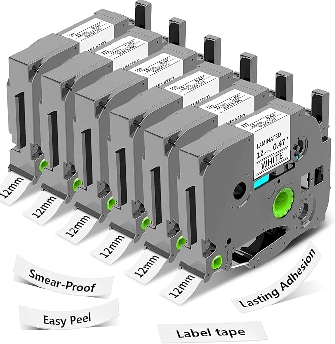 6-Pack Label Maker Tape Replacement 12mm 0.47 White Laminated for P Touch, Compatible with PTouch TZ-TZe 1/2" Black & White TZE231 for PT-D220 D210 H110 D200 D400 D610BT Refills (Black on White)