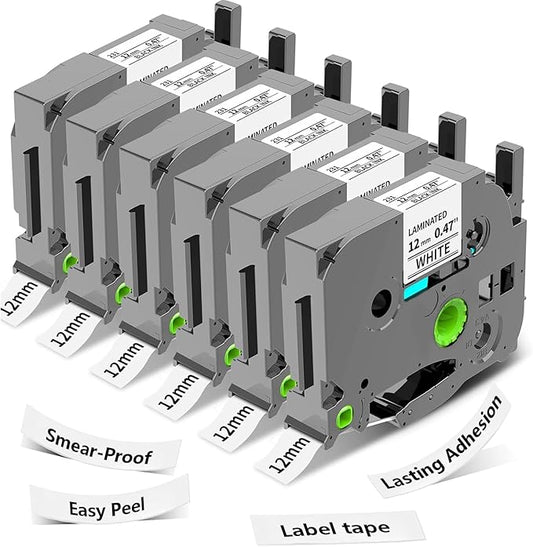 6-Pack Label Maker Tape Replacement 12mm 0.47 White Laminated for P Touch, Compatible with PTouch TZ-TZe 1/2" Black & White TZE231 for PT-D220 D210 H110 D200 D400 D610BT Refills (Black on White)