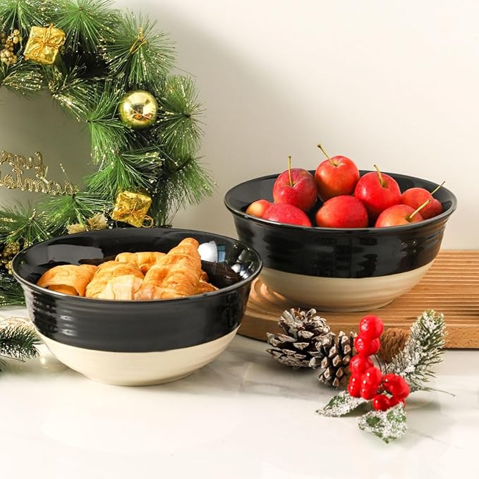 HASENSE Porcelain Serving Bowls, 60 oz Salad Mixing Bowls Set of 2, 8.5 Inch Large Serving Dishes for Entertaining, Perfect for Salad, Soup, Pasta, and More, Dishwasher Microwave Safe, Black
