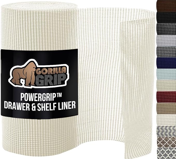 GORILLA GRIP powerGRIP Drawer Shelf and Cabinet Liner, Thick Strong Hold, Non-Adhesive Liners Protect Kitchen Cabinets and Cupboard, Bathroom Drawers, Easy Install, Breathable Mat, 17.5" x30', White
