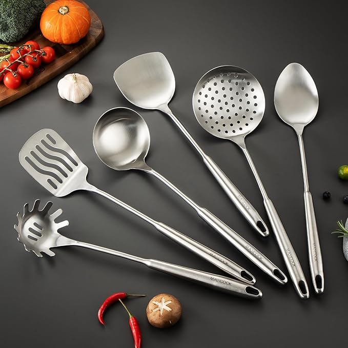 MAXCOOK Cooking Utensils set, 18/8 Stainless Steel Kitchen Utensils set, 7 Pieces Cookware Set with Rotating Holder, Heat Resistant Stainless Steel Cooking Spoon(Dishwasher Safe)