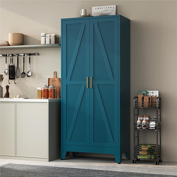 71''Metal Cabinet with 4 Adjustable Shelves,5-Tier Pantry Storage Cabinet,Kitchen Pantry Cabinet for Living Room,Dining Room, Blue