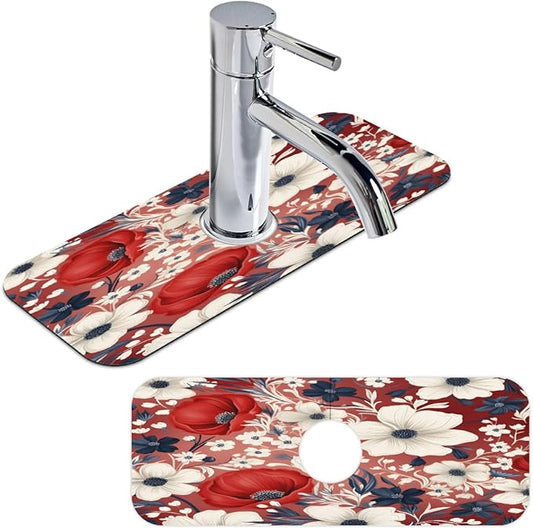 Red White Floral Bliss Kitchen Faucet Mat Splash Guard, 15.4”x5.7” Absorbent Quick Drying Sink Mat for Countertop Protection, Draining Mat Sink Protectors For Kitchen Bathroom, 2 Pack
