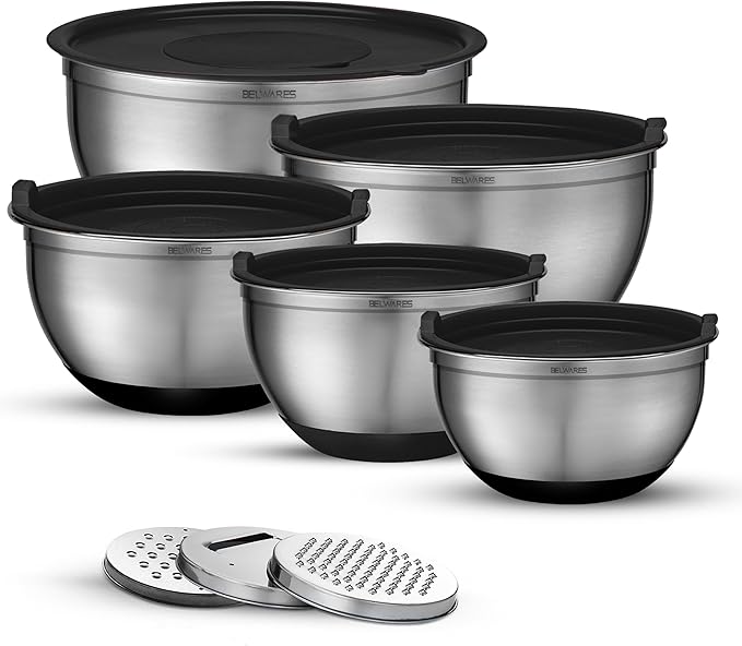 Mixing Bowls with Airtight Lids - 8PCS Stainless Steel Nesting Mixing Bowls Set with 3 Grater Attachments & Non-Slip Bottoms, Kitchen Bowls, Sizes 5, 4, 3.5, 2, 1.5QT for Baking & Food Prep (Black)
