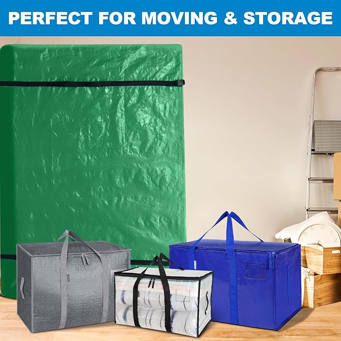 TICONN Mattress Bags for Moving, Heavy Duty Full Mattress Cover Storage Bag with Full-Around Handle and Adjustable Buckles (Green, Full)