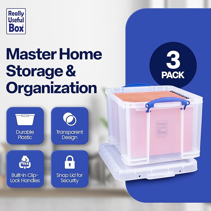 Really Useful Box 3-Pack Clear Plastic Storage Bins with Lids & Clip Handles, 32 Liters - Stackable, Portable and Transparent Organizer Containers for Home, Garage and Office