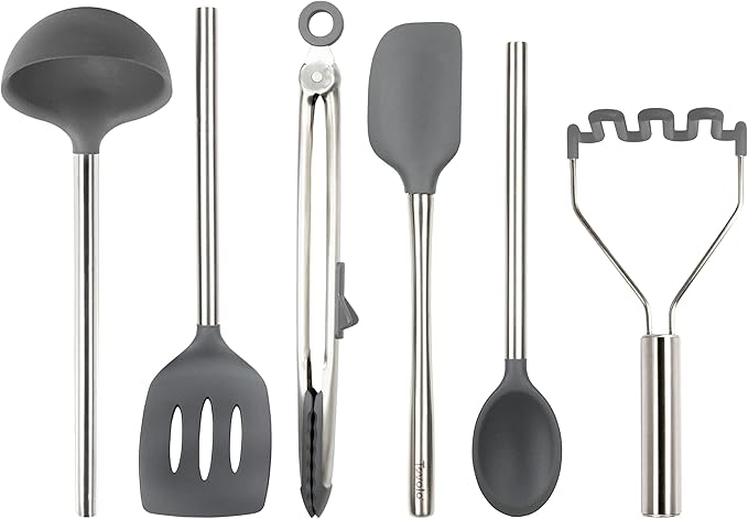 Tovolo Silicone Cooking Utensil Set of 6 Charcoal Gray Ladle Slotted Turner Tongs Flex Core Spatula Scraper Mixing Spoon and Potato Masher, Dishwasher Safe Non Toxic BPA Free Silicone Kitchen Utensils