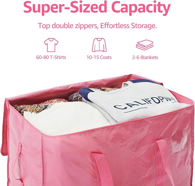 Moving Bags Heavy Duty Extra Large, Moving Boxes, Moving Supplies Essentials,Storage Bins with Lids, Plastic Packing Totes, Storage Bags for Clothes with Handles & Zippers(Pink, 10 Pack)
