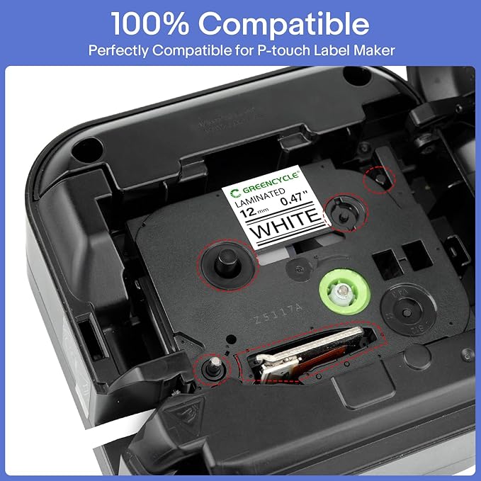 GREENCYCLE 12mm 0.47 Laminated White Tape Compatible for Brother P-touch Label Maker Tape TZe-231 Black on White TZ-231 TZe231 1/2 inch TZe TZ Tape for Ptouch PT-D210 D220 H110 H100 D400 D600, 10 Pack
