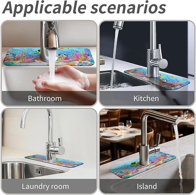 Kitchen Sink Splash Guard，cartoon sea turtle crab fish Faucet Mat Sink Gadgets-Super Absorbent Fast Drying Mat Drip Catcher for Kitchen, Bathroom,Sink Mat, Dish Drying Mat, Bathroom(15" X 5.5" )