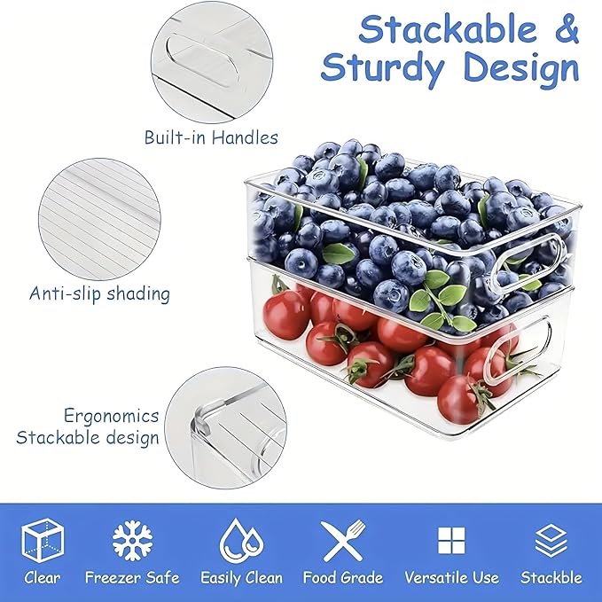 7 Pack Refrigerator Organizer Bins, 4 Sizes Stackable Clear Pantry Storage Bins with Handles for Fridge, Freezer, Shelves, Drawer, Bins, Snack Organizer for Home & Kitchen
