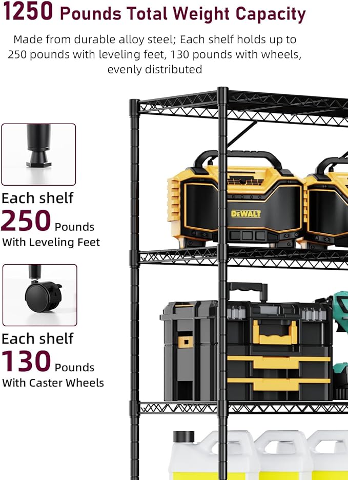 YSSOA 5-Tier Heavy Duty Storage Shelving Unit, 1250 Lbs Loading Capacity, 29.92" W x 13.98" D x 61.02" H, Black