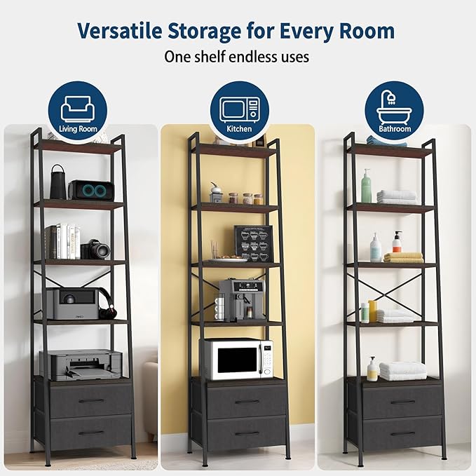 Whitmor 5-Tier Bookshelf with 2 Drawers, Narrow Modern Display Bookcase with Wood Shelves & Metal Frame, Freestanding Storage Rack for Living Room, Bedroom, Bathroom, Home Office, Black
