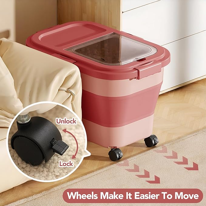 15 Lbs Dog/Cat Food Storage Container,Collapsible Food Storage Containers with Rolling Wheel Airtight Locking Lid,Pet Food Storage Container with Cup and Scoop,Pink