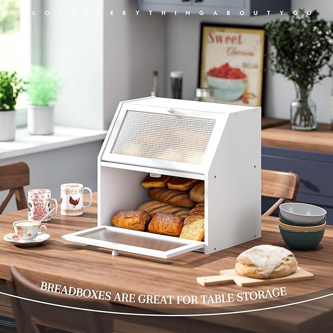 STDDRE Bread Box for Kitchen Countertop Bin Double Layer Bread Box Storage Container Extra Large Capacity with Diamond Pattern Windows (White, Extra Large)